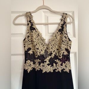 Blondie Nites by Stacy Sklar black and gold lace prom maxi dress
